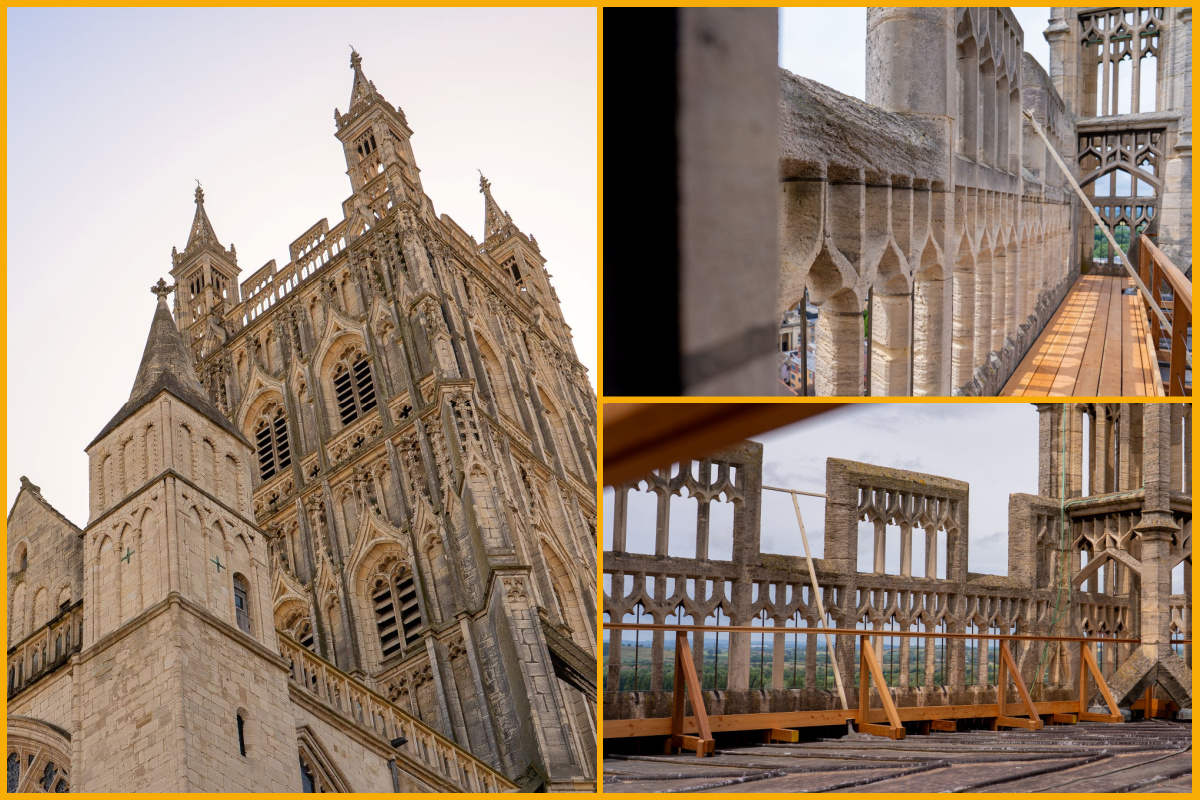 A collage of images of the Gloucester Cathedral tower and new roof deck overlooking the city of Gloucester